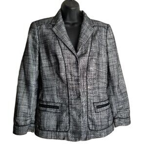 Tahari Plaid Blazer Size 10 Black White Lined Notch Lapel Academia